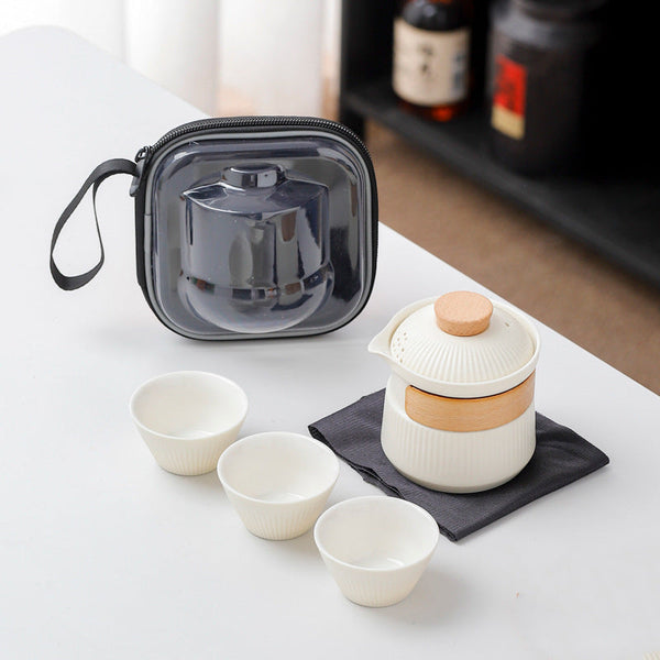 Ceramic Travel Tea Set One Pot Three Cups With Carrying Case Elegant Frosted Finish(White) Teapots