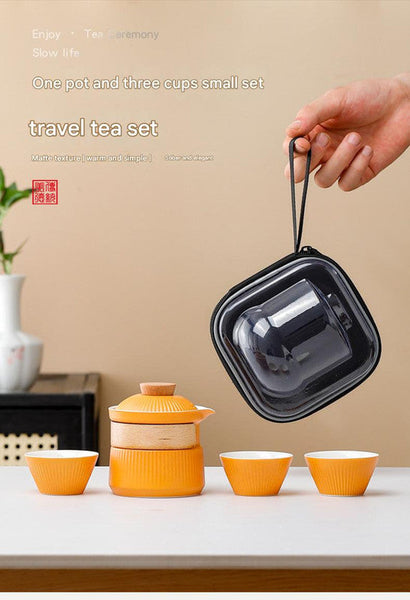 Ceramic Travel Tea Set One Pot Three Cups With Carrying Case Elegant Frosted Finish(White) Teapots