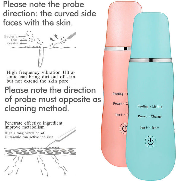 Ultrasonic Skin Scrubber Deep Cleansing Peeling Lifting & Ion Infusion Facial Spatula Green Facial Cleansing Devices
