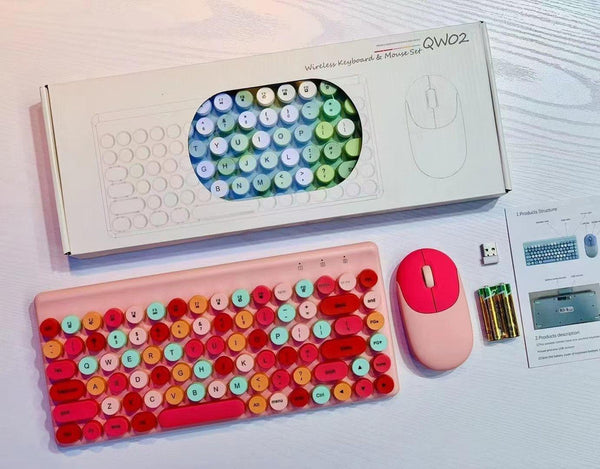 Pink Wireless Keyboard Mouse Combo Retro Round Keycaps 2.4Ghz Ergonomic Design Keyboard & Mouse Bundles