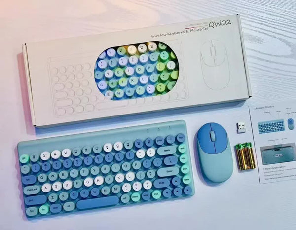 Blue Wireless Keyboard Mouse Combo Retro Round Keycaps 2.4Ghz Ergonomic Design Keyboard & Mouse Bundles