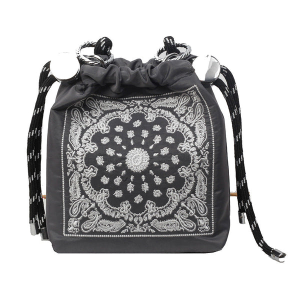 Chic Drawstring Bucket Bag With Intricate Print Adjustable Rope Strap Lightweight Fabric(Gray) Women's Bags & Handbags