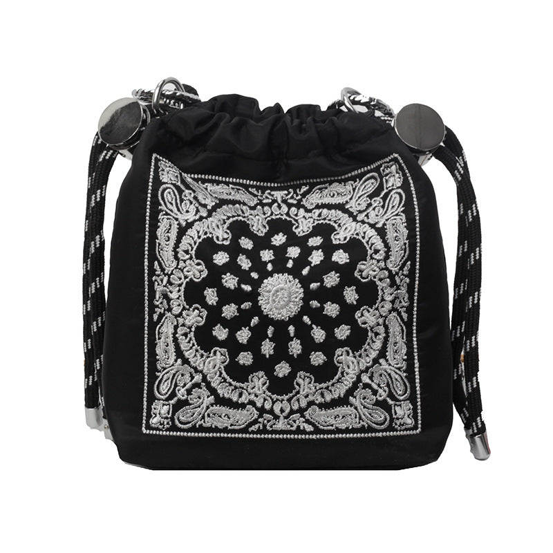 Chic Drawstring Bucket Bag With Intricate Print Adjustable Rope Strap Lightweight Fabric Black Women's Bags & Handbags