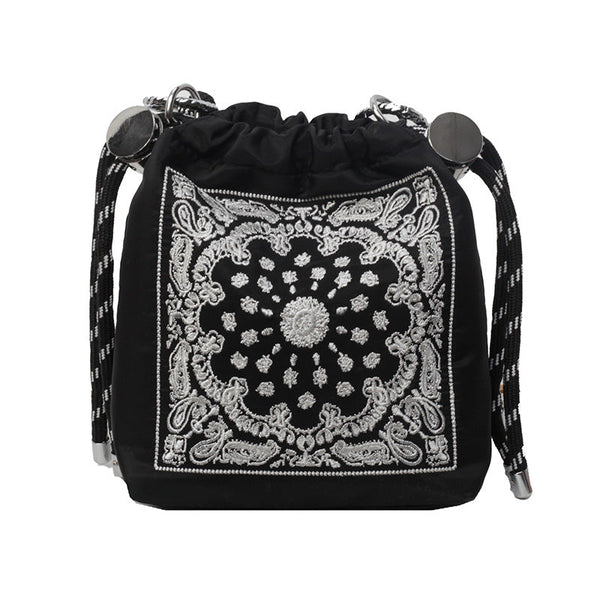 Chic Drawstring Bucket Bag With Intricate Print Adjustable Rope Strap Lightweight Fabric Black Women's Bags & Handbags