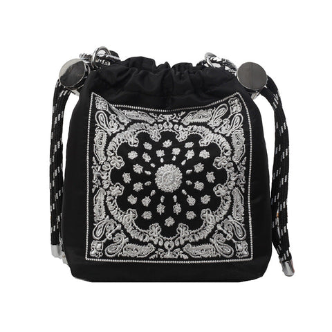 Chic Drawstring Bucket Bag With Intricate Print Adjustable Rope Strap Lightweight Fabric Black Women's Bags & Handbags