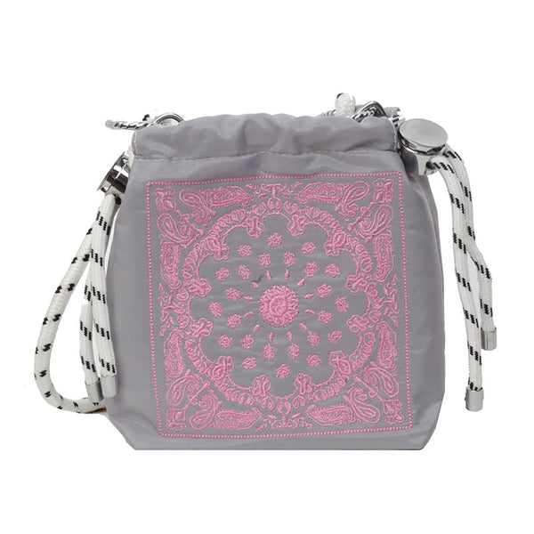 Chic Drawstring Bucket Bag With Intricate Print Adjustable Rope Strap Lightweight Fabric(Pink) Women's Bags & Handbags