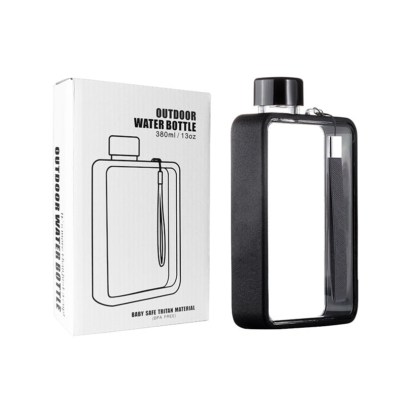 Slim Tritan Flat Water Bottle 380Ml Bpa Free Leakproof With Leather Textured Sleeve Strap Black Vacuum Flasks & Mugs