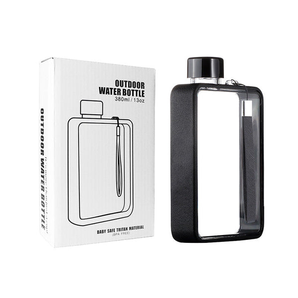 Slim Tritan Flat Water Bottle 380Ml Bpa Free Leakproof With Leather Textured Sleeve Strap Black Vacuum Flasks & Mugs