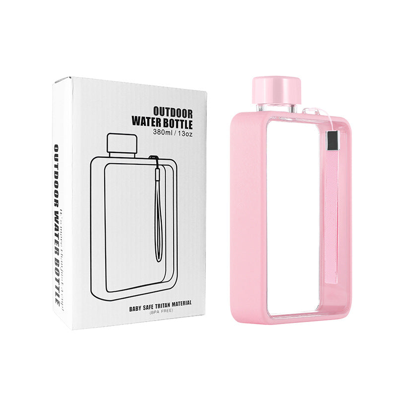 Slim Tritan Flat Water Bottle 380Ml Bpa Free Leakproof With Leather Textured Sleeve Strap Pink Vacuum Flasks & Mugs
