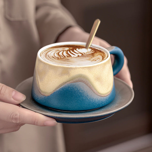 Artistic Ceramic Coffee Cup & Saucer Set With Spoon Gradient Glaze 240Ml Gift Boxed(Blue) Cups & Saucers
