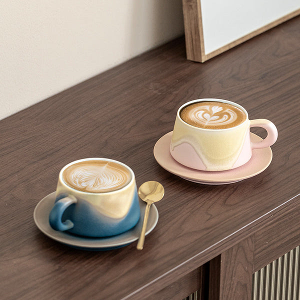 Artistic Ceramic Coffee Cup & Saucer Set With Spoon Gradient Glaze 240Ml Gift Boxed(Blue) Cups & Saucers
