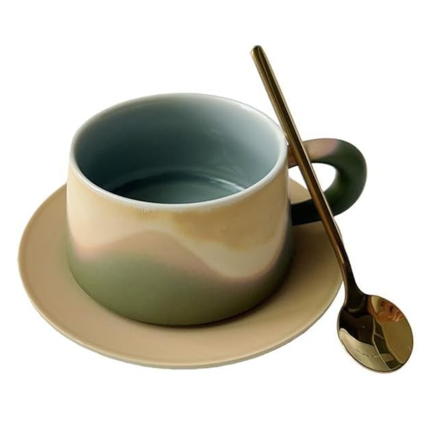Artistic Ceramic Coffee Cup & Saucer Set With Spoon Gradient Glaze 240Ml Gift Boxed(Green) Cups & Saucers