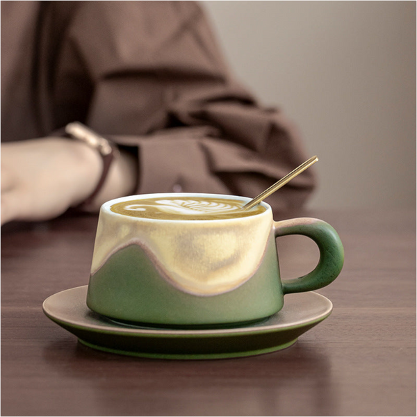 Artistic Ceramic Coffee Cup & Saucer Set With Spoon Gradient Glaze 240Ml Gift Boxed(Green) Cups & Saucers