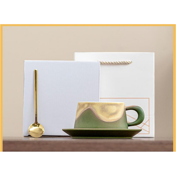 Artistic Ceramic Coffee Cup & Saucer Set With Spoon Gradient Glaze 240Ml Gift Boxed(Green) Cups & Saucers