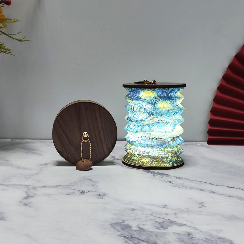 Foldable Telescopic Lantern Lamp 3 Light Modes Usb Rechargeable Wood/Paper Finish(Starry Night By Van Gogh) Lamps