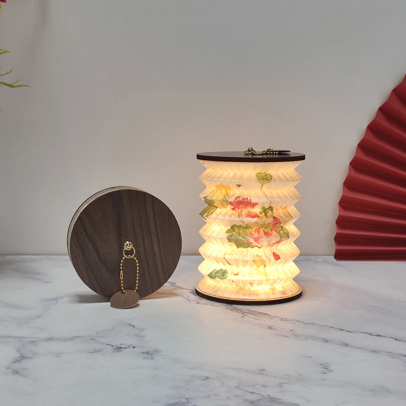 Foldable Telescopic Lantern Lamp 3 Light Modes Usb Rechargeable Wood/Paper Finish(Lotus Painting) Lamps