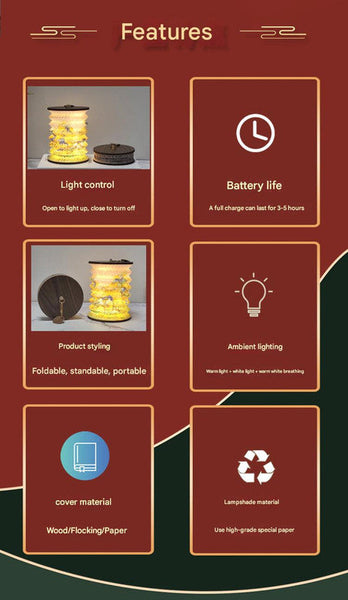 Foldable Telescopic Lantern Lamp 3 Light Modes Usb Rechargeable Wood/Paper Finish(Lotus Painting) Lamps