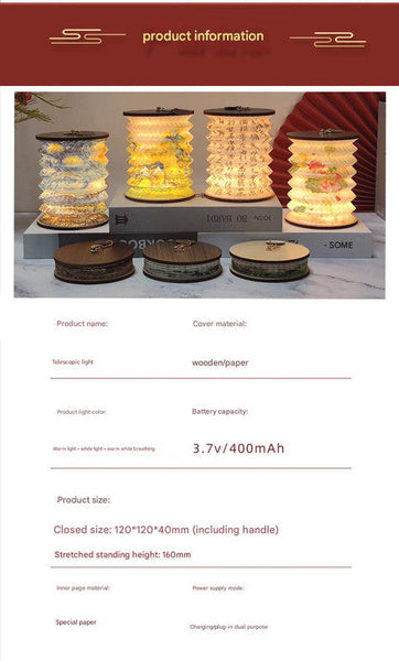 Foldable Telescopic Lantern Lamp 3 Light Modes Usb Rechargeable Wood/Paper Finish(Ink Bamboo Painting) Lamps