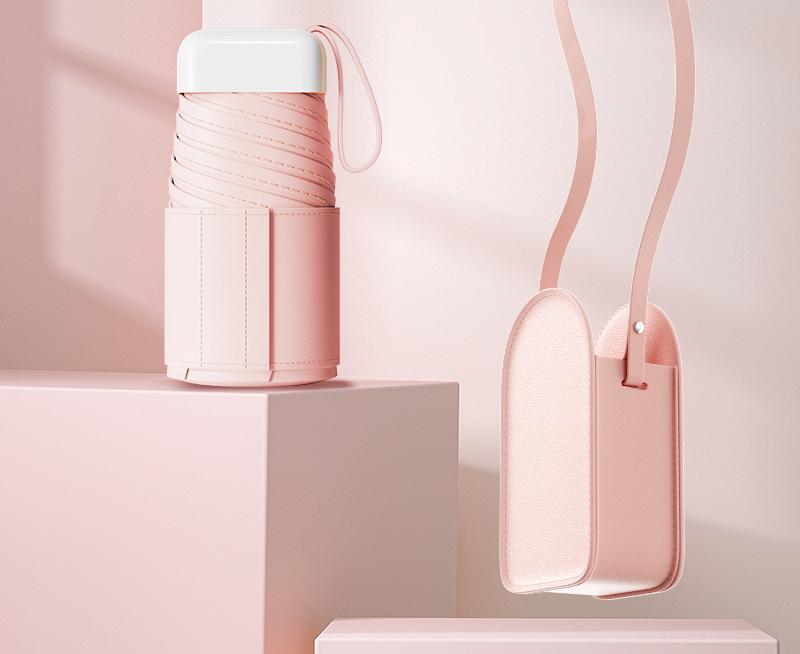 Mini Pocket Umbrella With Matching Crossbody Bag Uv Protection 6 Rib Windproof Design(Pink) Umbrellas