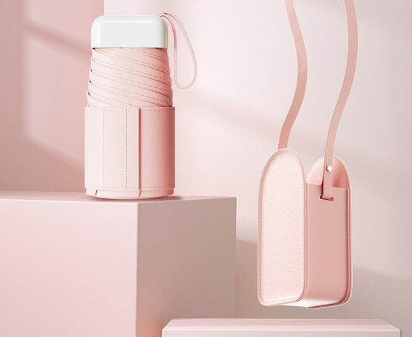 Mini Pocket Umbrella With Matching Crossbody Bag Uv Protection 6 Rib Windproof Design(Pink) Umbrellas