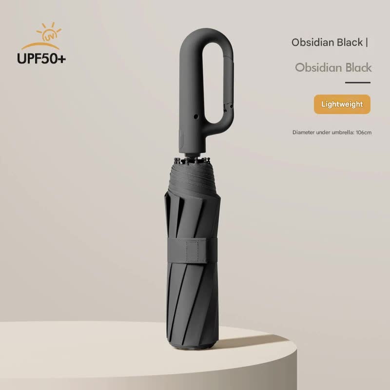 Automatic Open/Close Umbrella With Upf50+ Sun Protection 10 Rib Windproof Design Carabiner Handle(Black) Umbrellas