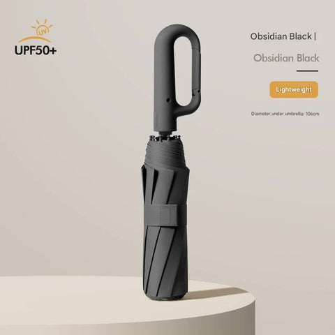 Automatic Open/Close Umbrella With Upf50+ Sun Protection 10 Rib Windproof Design Carabiner Handle(Black) Umbrellas