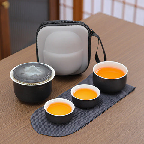 Ceramic Tea Set For Travel Quick Gaiwan With 3 Cups & Carrying Case (Black) Teasets