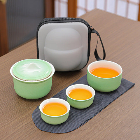Ceramic Tea Set For Travel Quick Gaiwan With 3 Cups & Carrying Case (Light Green) Teasets