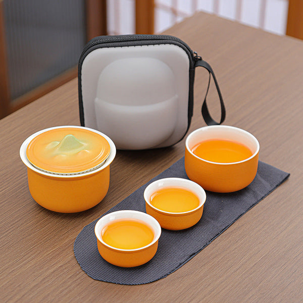 Ceramic Tea Set For Travel Quick Gaiwan With 3 Cups & Carrying Case (Orange) Teasets