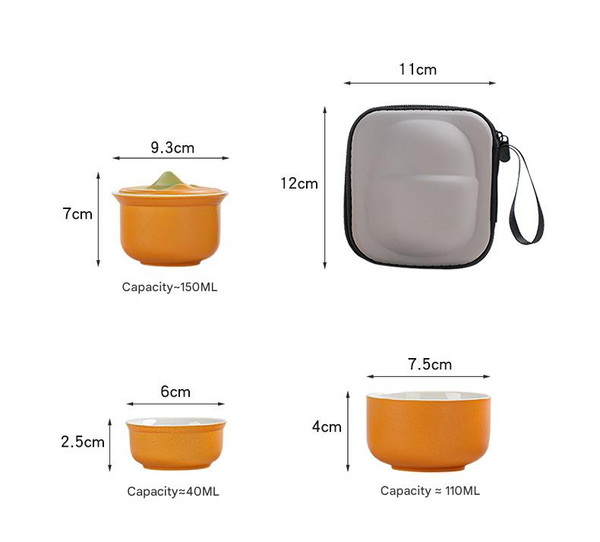 Ceramic Tea Set For Travel Quick Gaiwan With 3 Cups & Carrying Case (Orange) Teasets