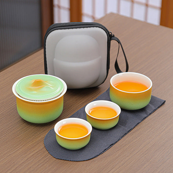 Ceramic Tea Set For Travel Quick Gaiwan With 3 Cups & Carrying Case (Yellow Green Gradient) Teasets