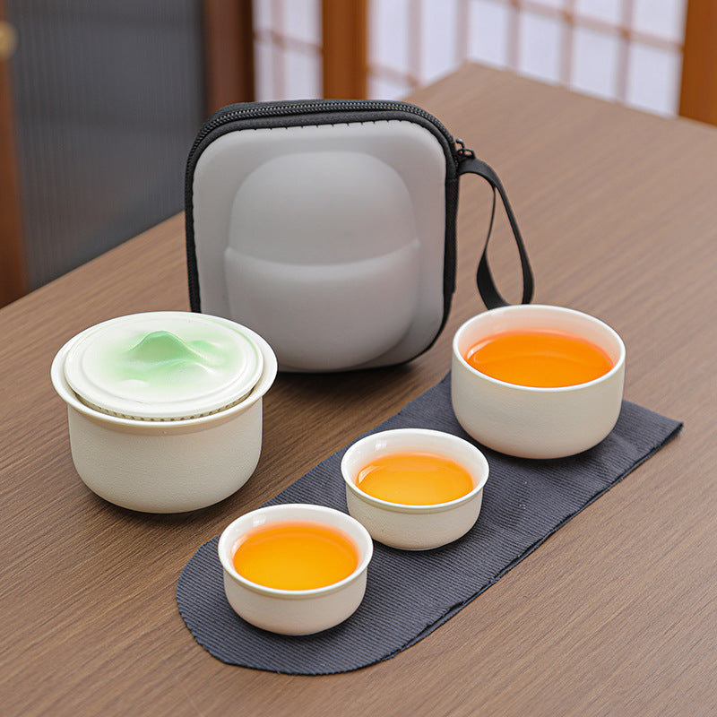 Ceramic Tea Set For Travel Quick Gaiwan With 3 Cups & Carrying Case (White) Teasets