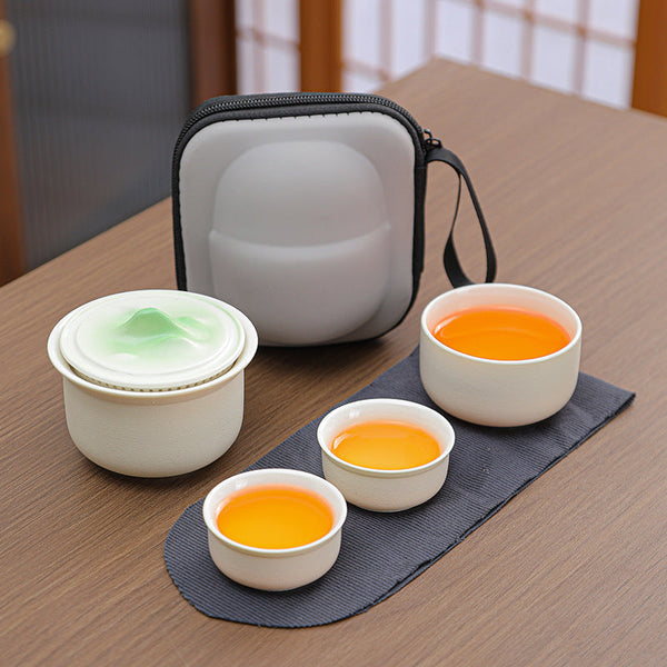 Ceramic Tea Set For Travel Quick Gaiwan With 3 Cups & Carrying Case (White) Teasets