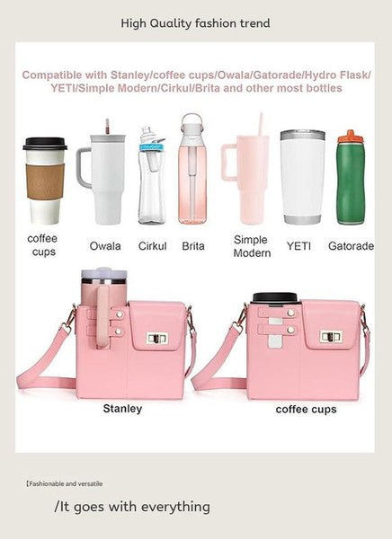 Chic Pu Leather Crossbody Bag With Tumbler Holder Multi Compartment Adjustable Strapdoes Not Include Thermos Cup(Pink) Women's Bags & Handbags