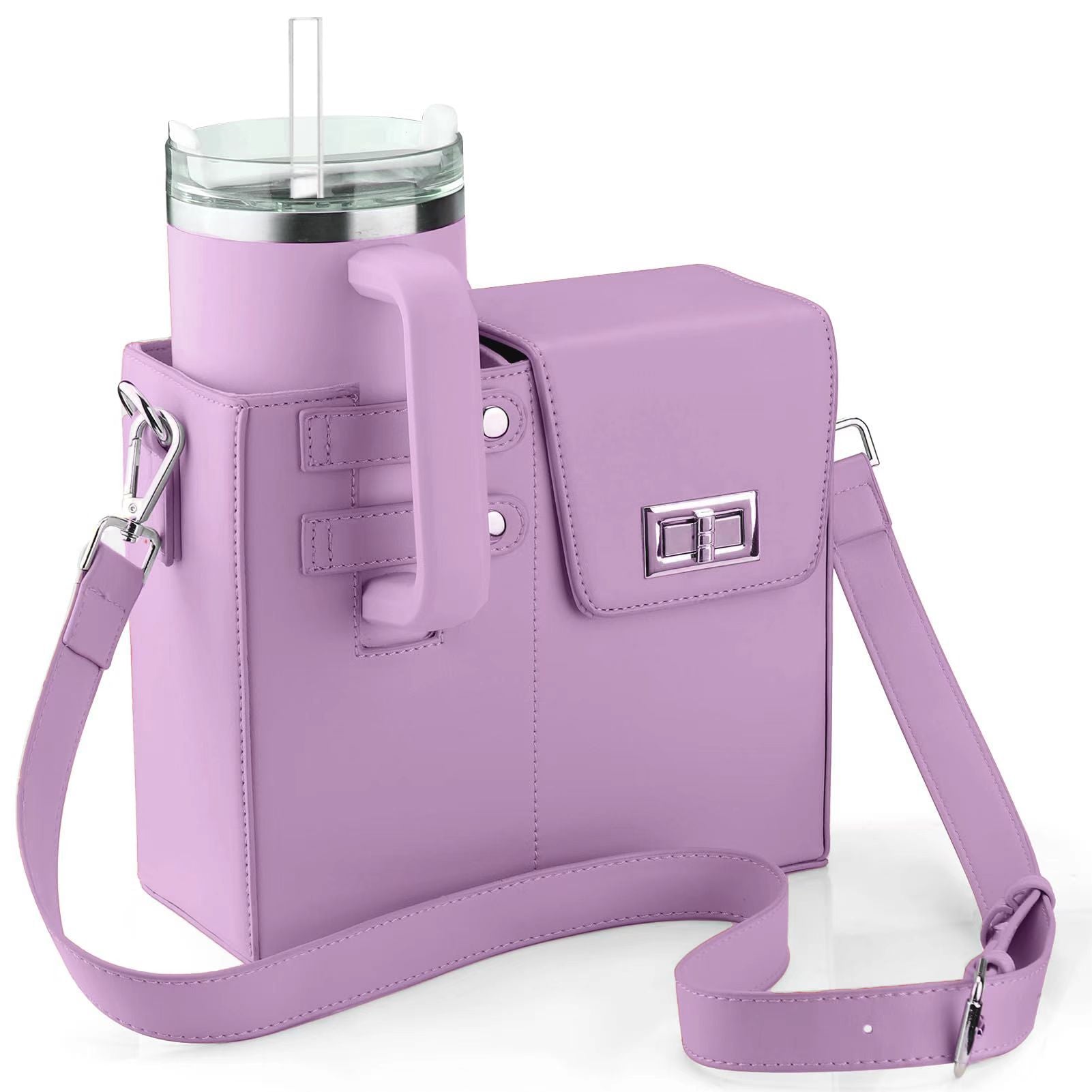 Chic Pu Leather Crossbody Bag With Tumbler Holder Multi Compartment Adjustable Strapdoes Not Include Thermos Cup(Purple) Women's Bags & Handbags