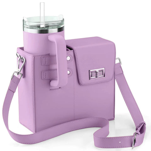 Chic Pu Leather Crossbody Bag With Tumbler Holder Multi Compartment Adjustable Strapdoes Not Include Thermos Cup(Purple) Women's Bags & Handbags
