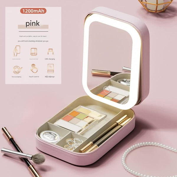 Jewelry & Makeup Organizer Box With Led Touch Mirror Rechargeable Lighting (Pink) Jewellery Holders & Organisers