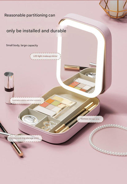 Jewelry & Makeup Organizer Box With Led Touch Mirror Rechargeable Lighting (Pink) Jewellery Holders & Organisers