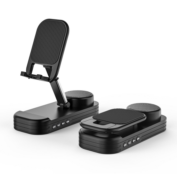 Foldable Desktop Phone Stand With Bluetooth 5.3 Speaker Adjustable Angle & Height Tf/Line In(Black) Mounts & Holders