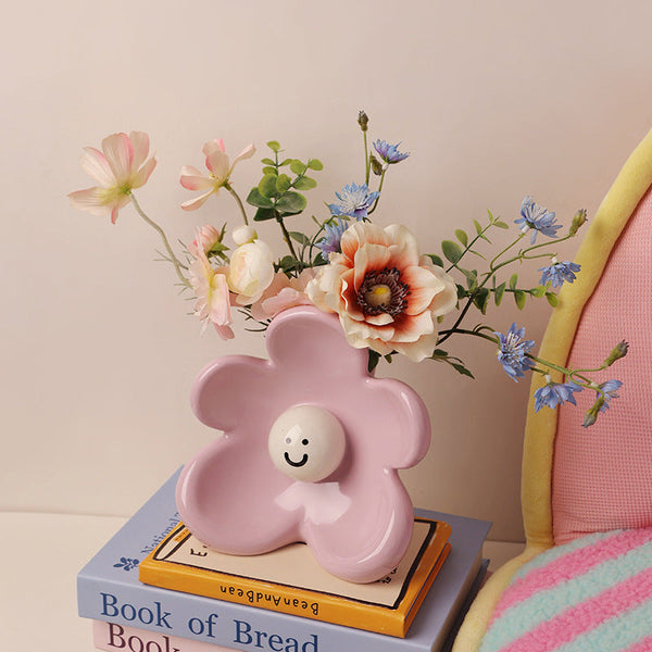 Artistic Floral Smiling Face Vase Modern Ceramic Decor With Gloss Finish(Pink) Vases