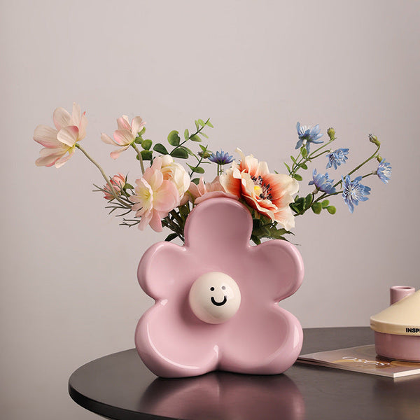 Artistic Floral Smiling Face Vase Modern Ceramic Decor With Gloss Finish Osmanthus Yellow Vases