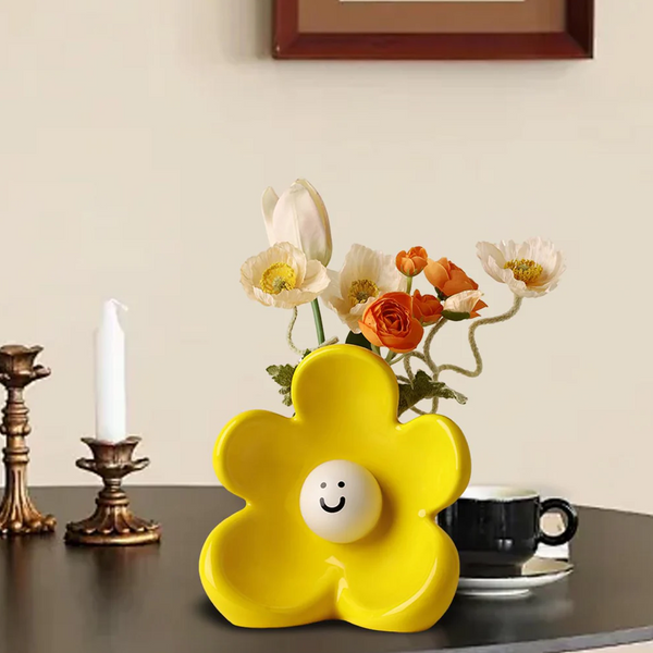 Artistic Floral Smiling Face Vase Modern Ceramic Decor With Gloss Finish(Lemon Yellow) Vases