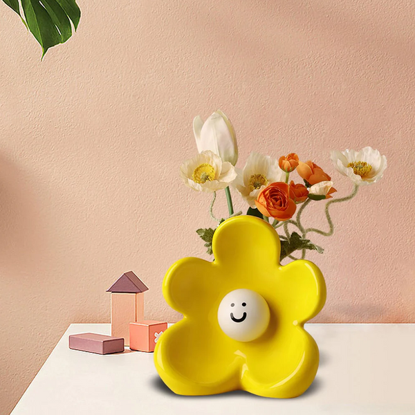 Artistic Floral Smiling Face Vase Modern Ceramic Decor With Gloss Finish(Lemon Yellow) Vases