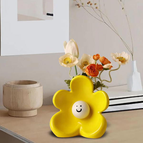 Artistic Floral Smiling Face Vase Modern Ceramic Decor With Gloss Finish(Lemon Yellow) Vases