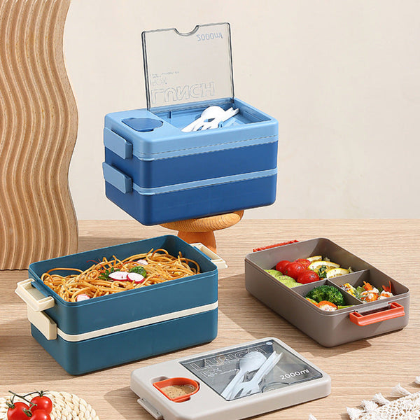 2L Double Layer Bento Lunch Box Leak Proof With Utensil & Sauce Container(Blue) Lunchboxes