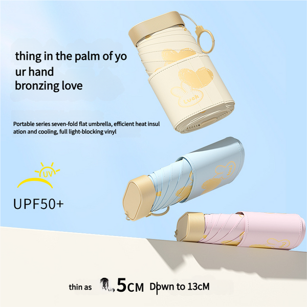 Ultra Compact 7 Fold Folding Umbrella Upf50+ Sun Protection & Portable Clip Design Beige Umbrellas