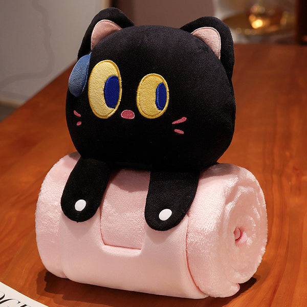 Plush 2 In 1 Pillow Blanket Adorable Design For Cozy Comfort Black Cat Blankets