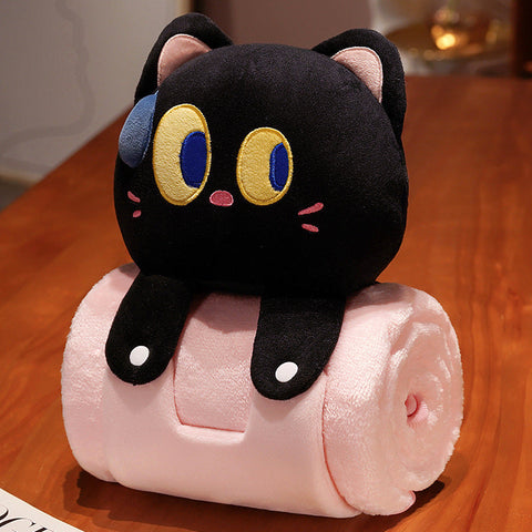 Plush 2 In 1 Pillow Blanket Adorable Design For Cozy Comfort Black Cat Blankets