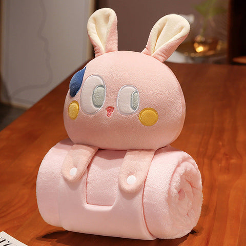 Plush 2 In 1 Pillow Blanket Adorable Design For Cozy Comfort Pink Rabbit Blankets