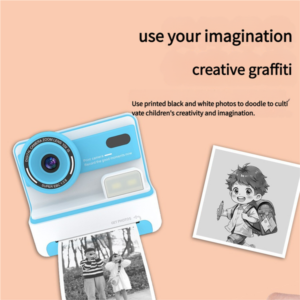 Kids Instant Print Camera Creative Drawing Photo Fun With Thermal Printing Blue 64Gb Memory Card Instant Cameras